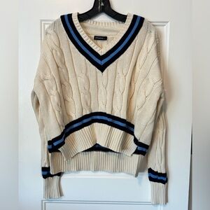 Olivaceous Cable Knit V-Neck Sweater Cream Blue Striped Preppy Large